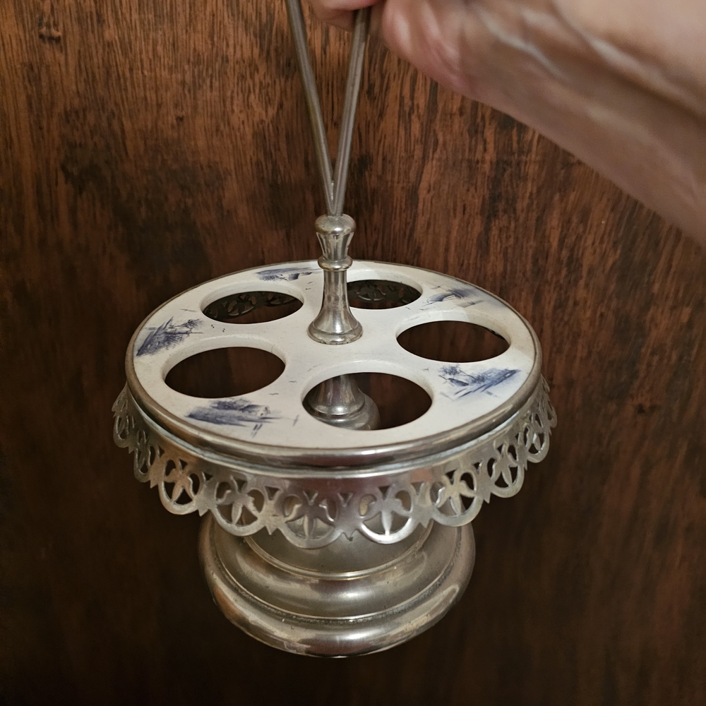 Silver Egg Cup Stand with Blue Floral Porcelain Top